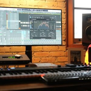 a computer monitor sitting on top of a wooden desk